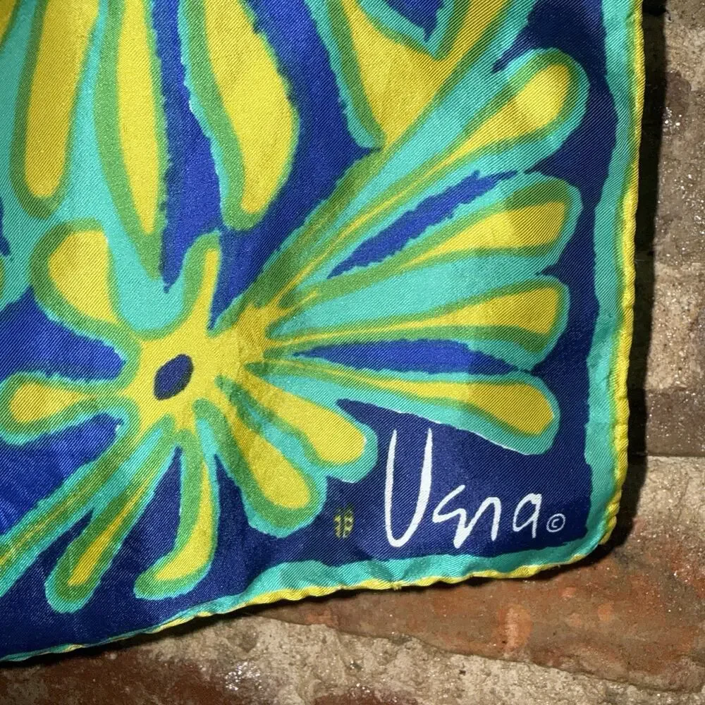 Vintage Silk Vera Neumann Scarf 22x23 Blue Aqua Yellow Floral Mod Signed EUC